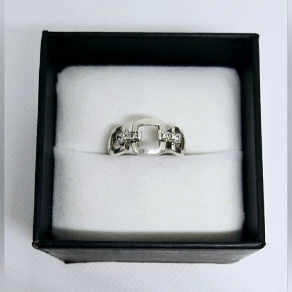 925 Sterling Silver Geometric Square Link Crystal Ring Size 7